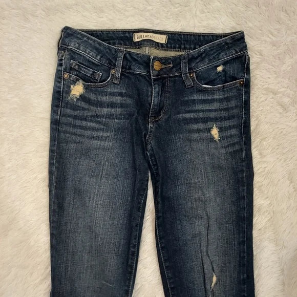BULLHEAD BLACK Womens Juniors Bootcut Jeans Sz 3R, Stretch Dark Wash Distressed - Picture 3 of 8